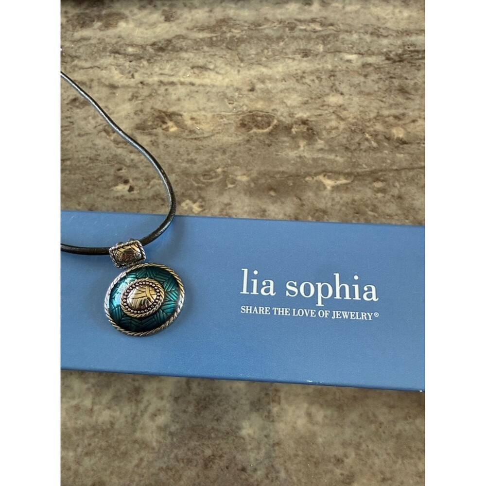 Lia Sophia Oval Blue Green Enamel Medallion Silver Tone Faux Leather Cord